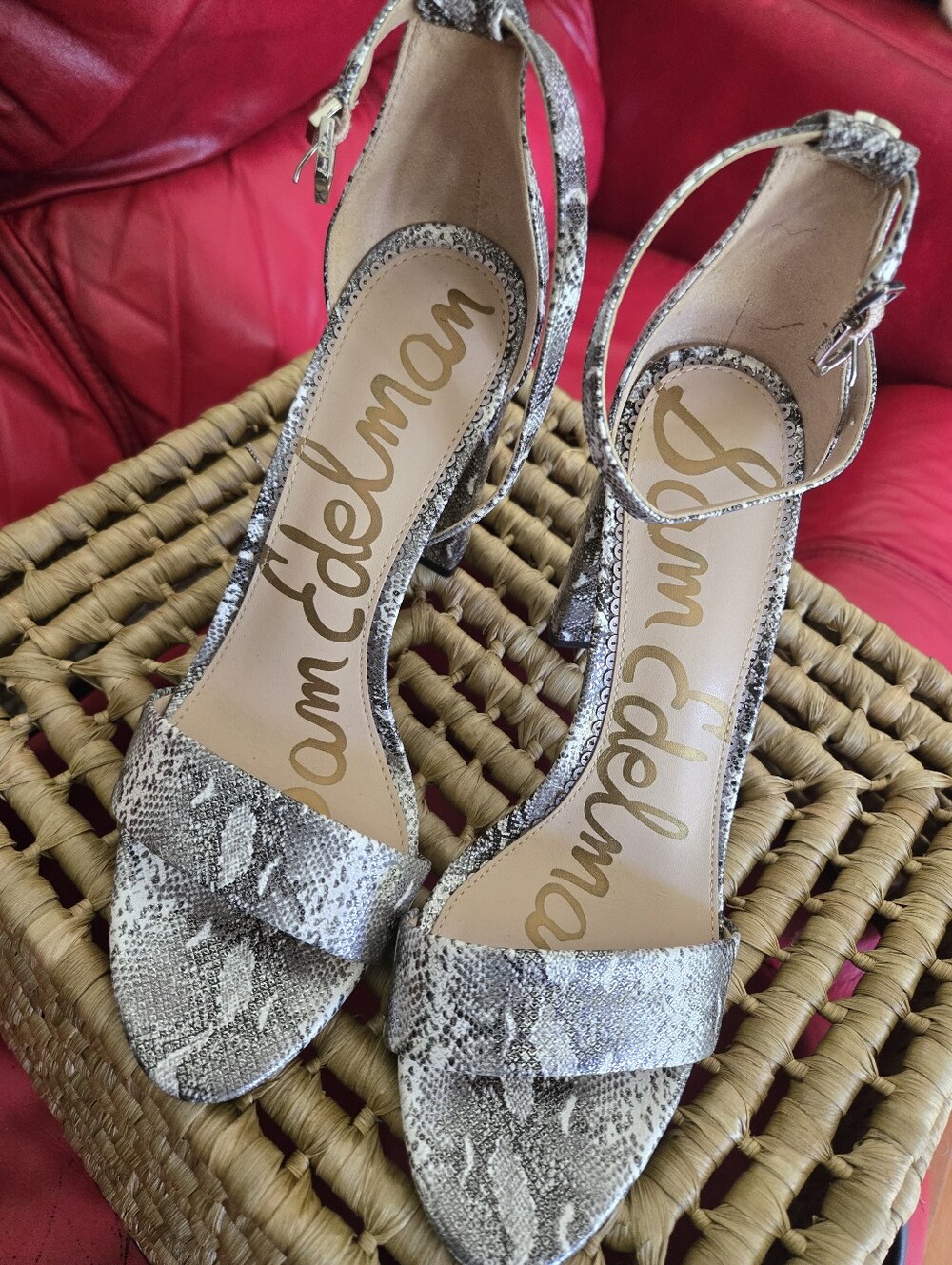 Sam Edelman Metallic Snake-Print Ankle Strap Heels